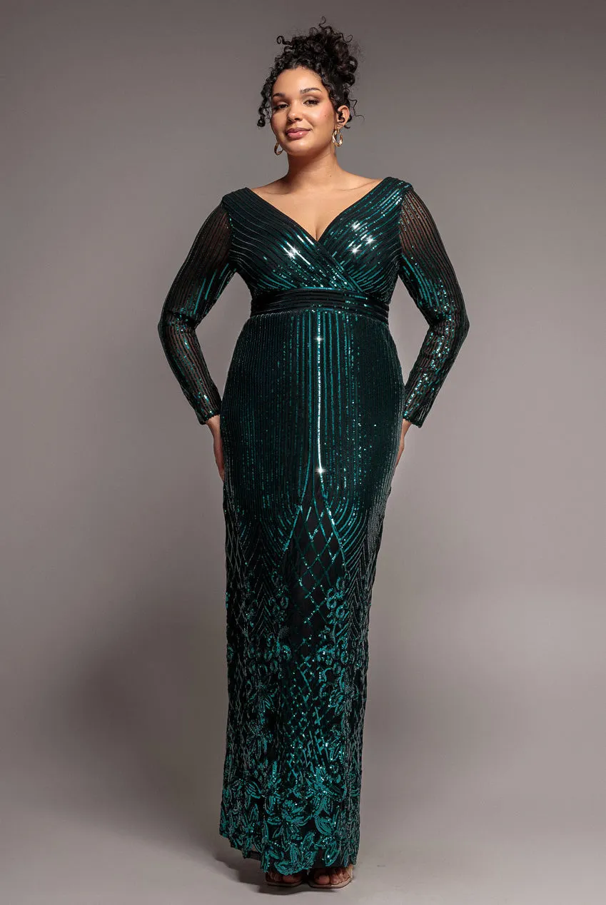 Long Sleeve Sequin V Wrap Maxi Dress - Emerald Green by Goddiva Plus sold by Goddiva