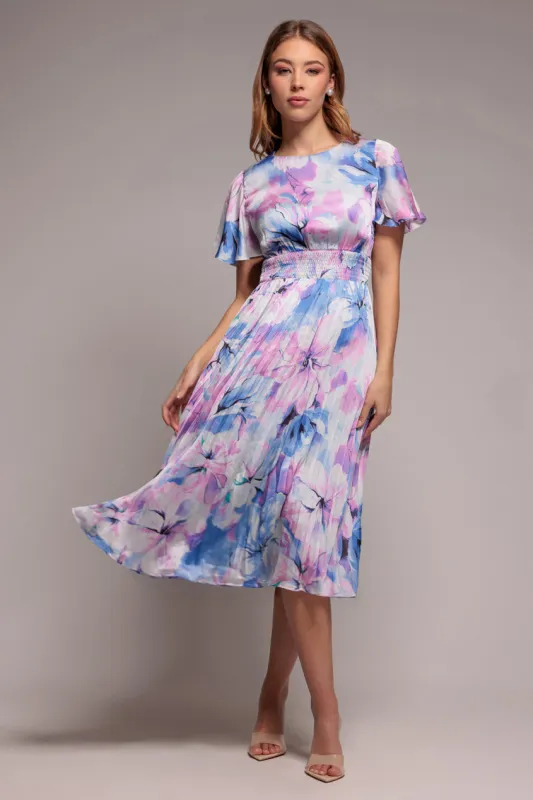 Flutter Sleeve Pleated Skirt Floral Midi Dress - Blue by Goddiva made by Goddiva