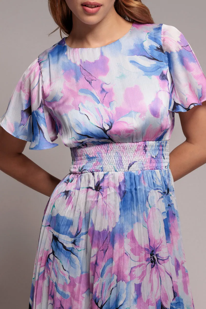 Flutter Sleeve Pleated Skirt Floral Midi Dress - Blue by Goddiva sold by Goddiva product image thumbnail 3