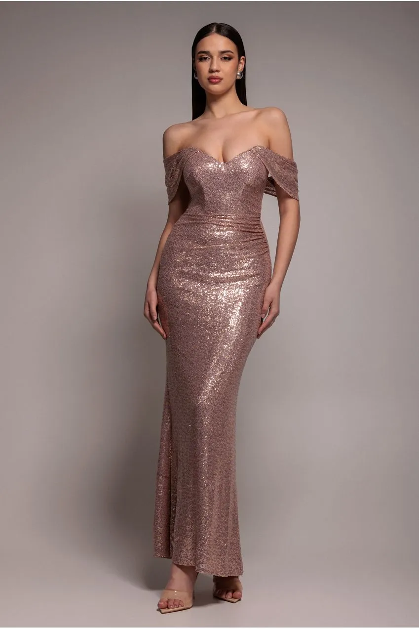 Off The Shoulder Sequin Wing Maxi Dress - Champagne by Goddiva sold by Goddiva