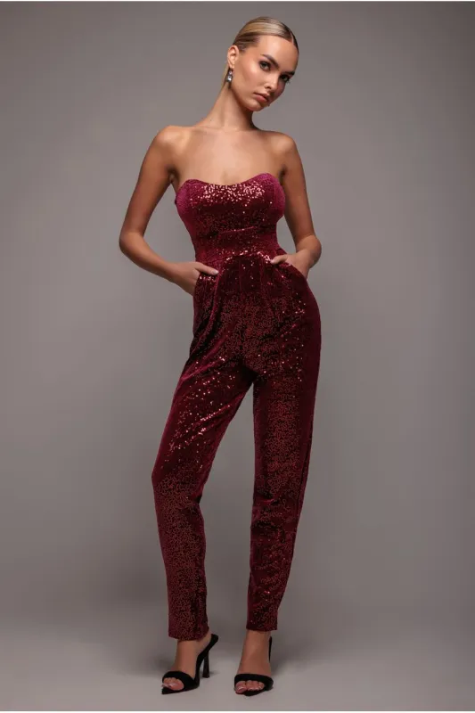 Sequin & Velvet Corset Jumpsuit - Wine by Goddiva made by Goddiva