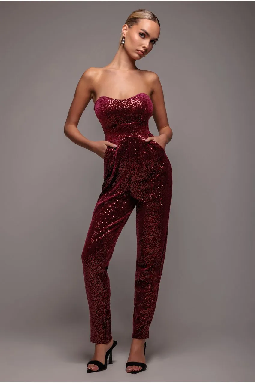 Sequin & Velvet Corset Jumpsuit - Wine by Goddiva sold by Goddiva