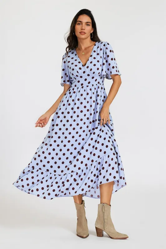 Polka Dot Print Angel Sleeve V Neck Frill Hem Midi Dress In Blue by FS Collection made by Goddiva