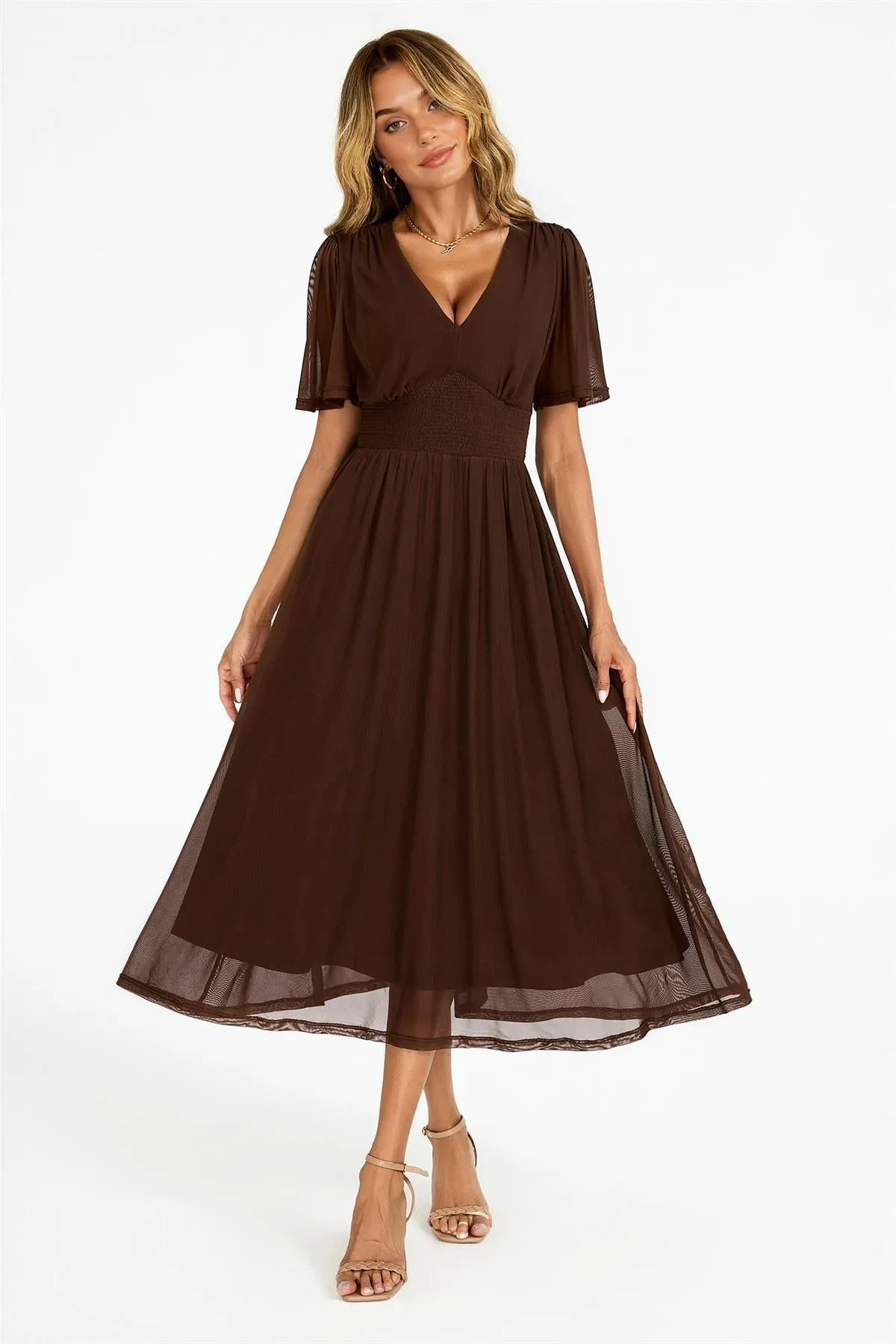 Flutter Sleeve Mesh Midi Dress In Brown by FS Collection sold by Goddiva product image thumbnail 5