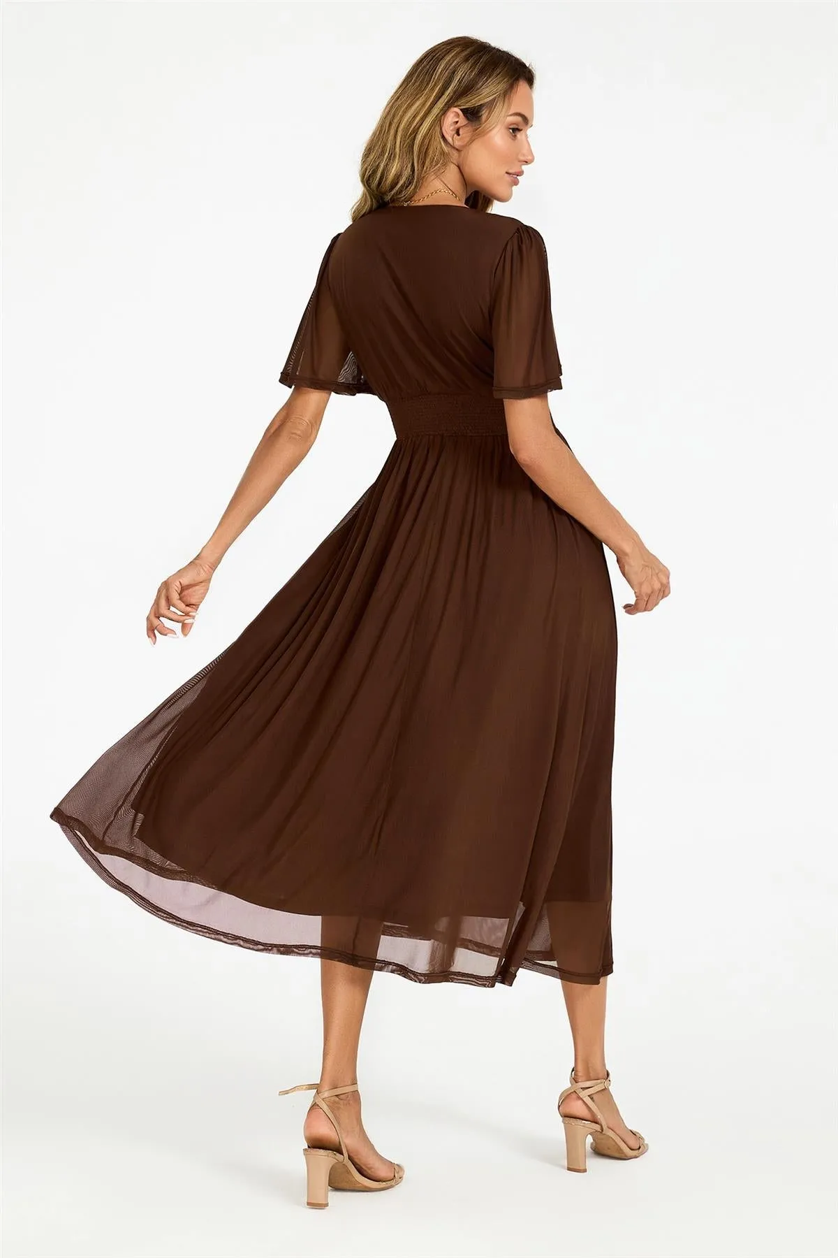 Flutter Sleeve Mesh Midi Dress In Brown by FS Collection sold by Goddiva product image thumbnail 2