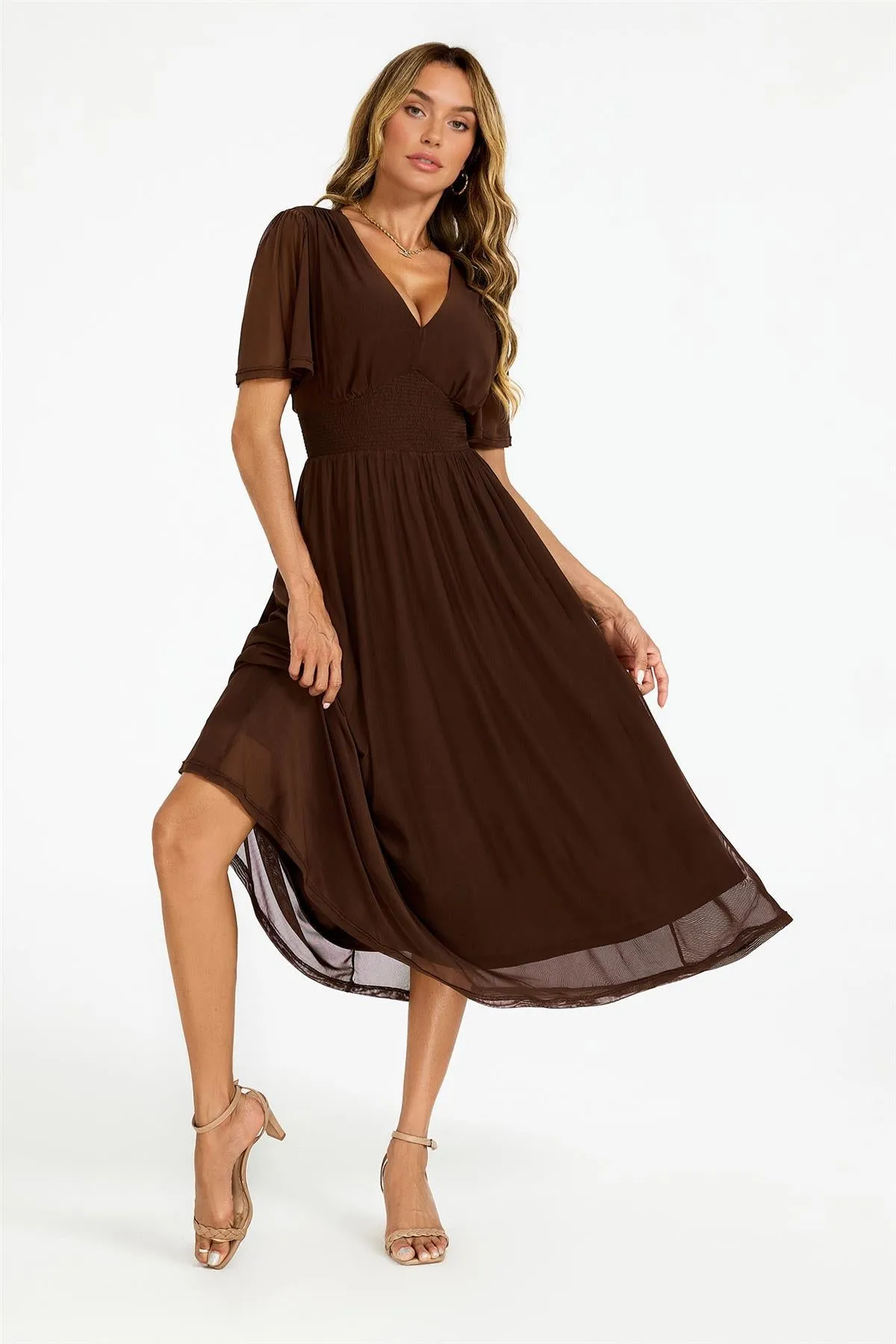 Flutter Sleeve Mesh Midi Dress In Brown by FS Collection sold by Goddiva product image thumbnail 3