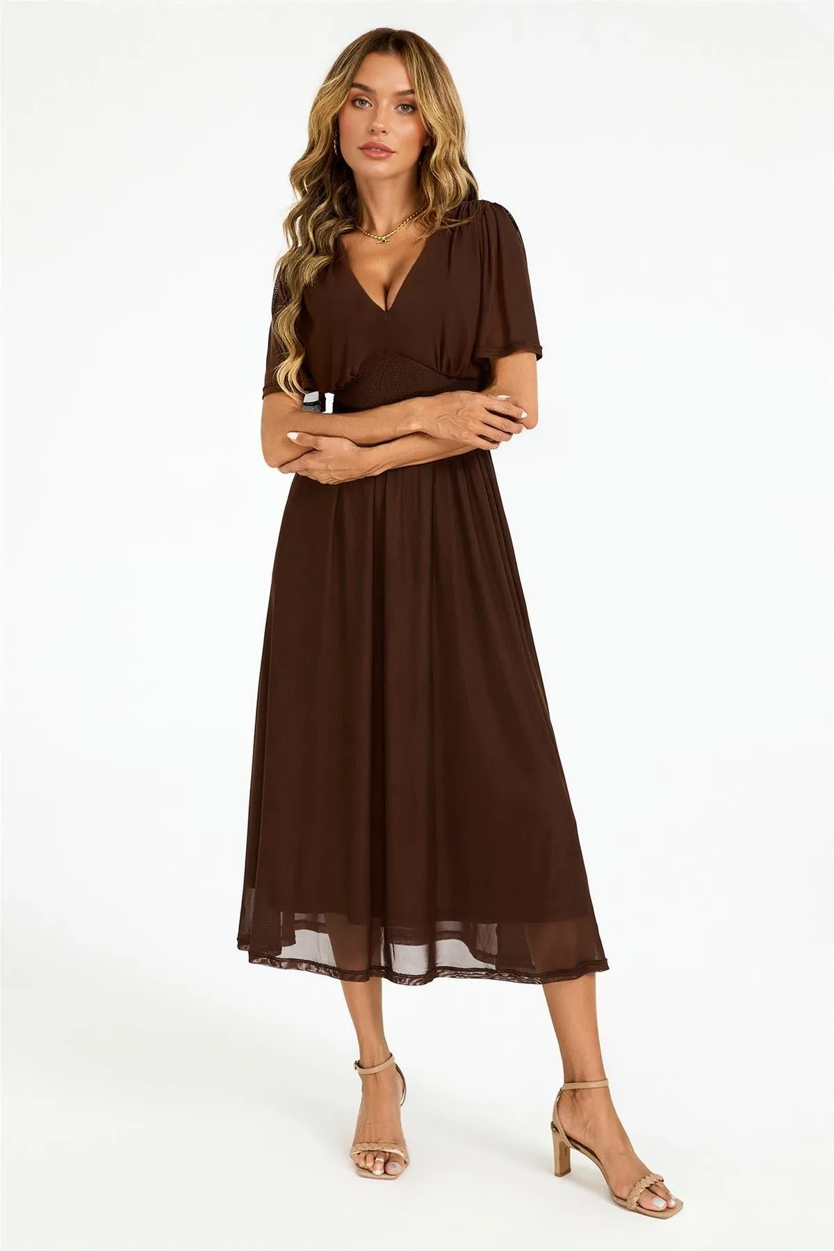Flutter Sleeve Mesh Midi Dress In Brown by FS Collection sold by Goddiva product image thumbnail 4