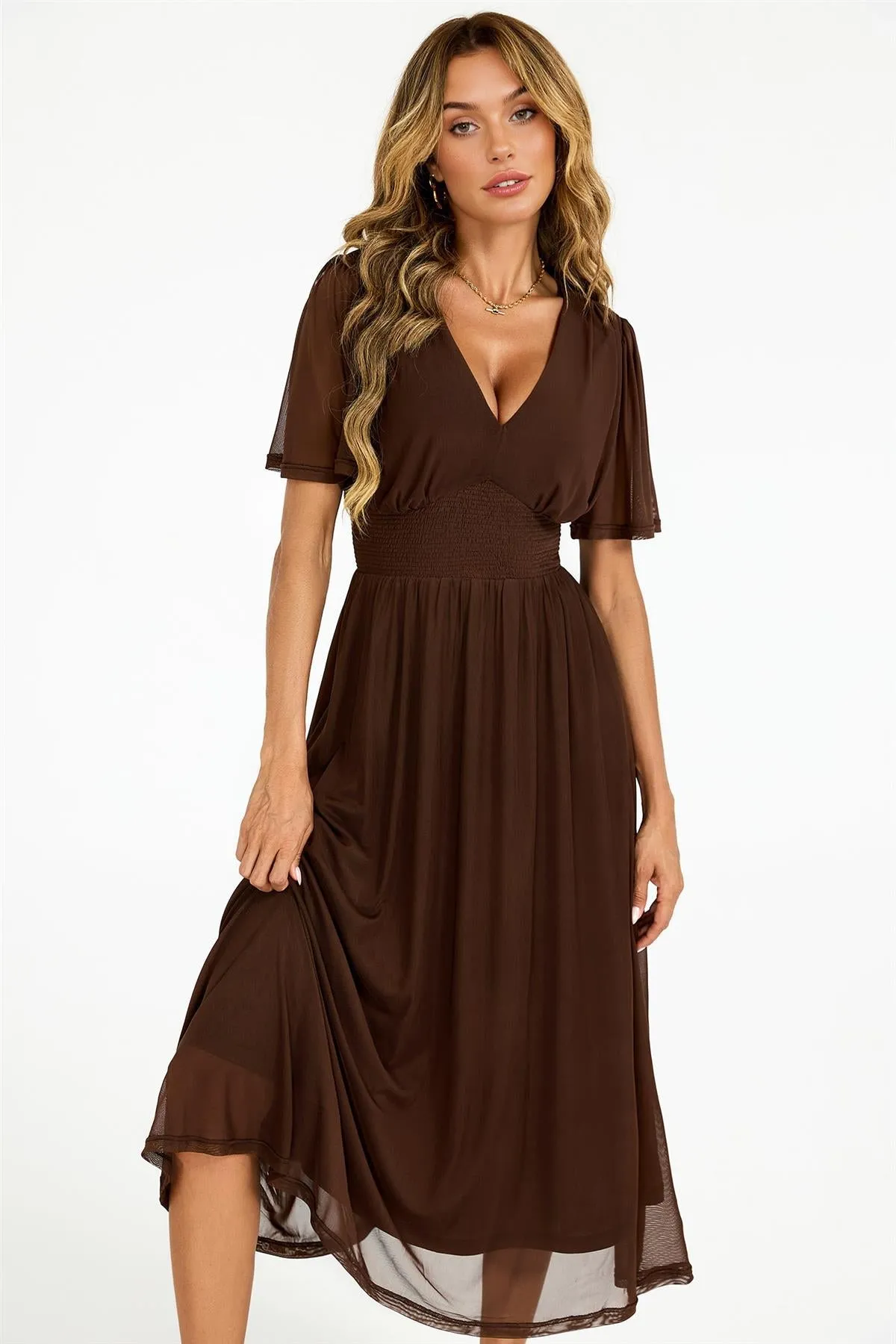 Flutter Sleeve Mesh Midi Dress In Brown by FS Collection sold by Goddiva