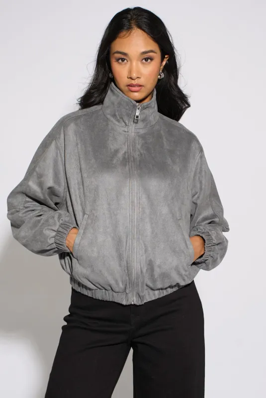 Grey Faux Suede Funnel Neck Bomber Jacket by Gini London made by Goddiva