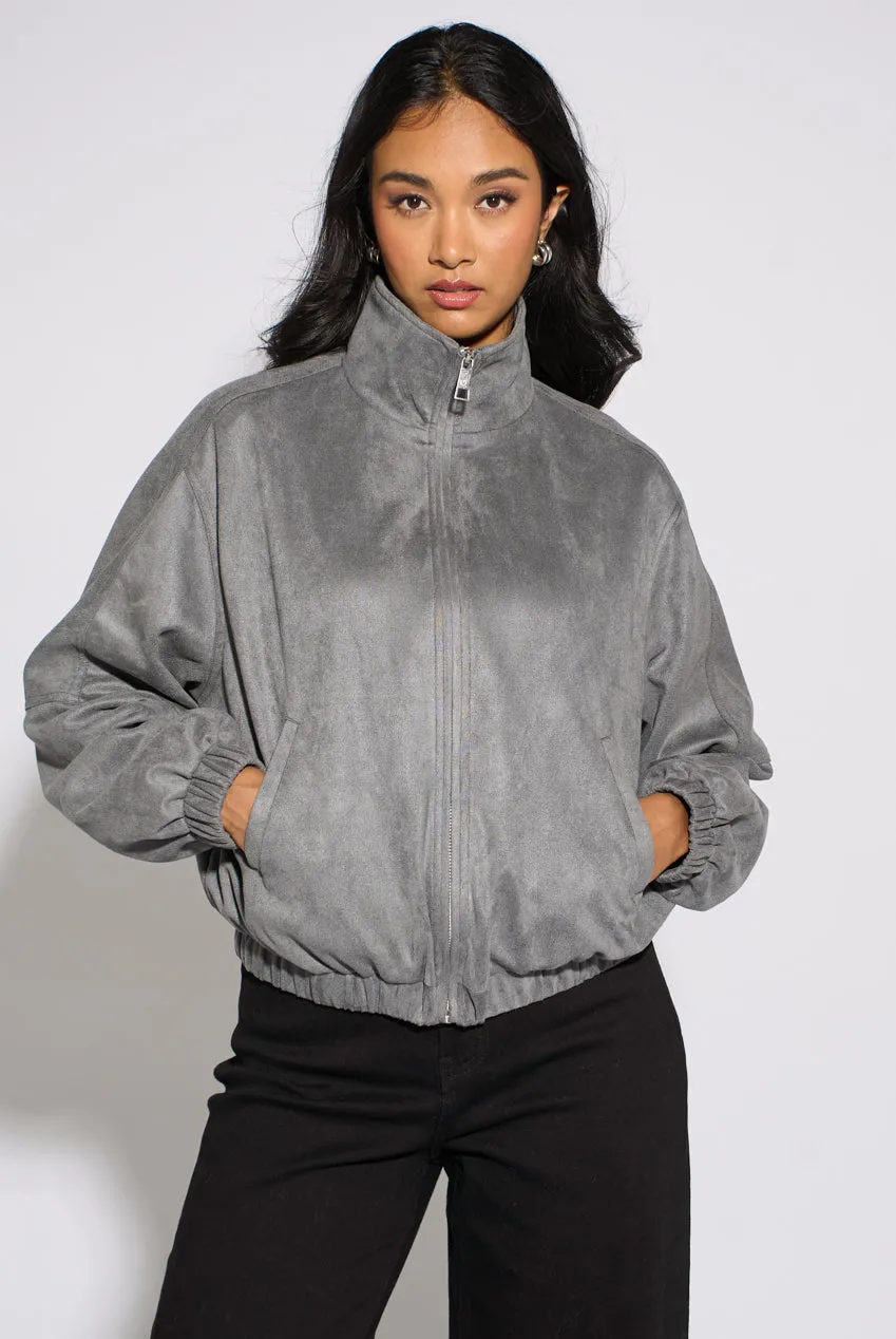 Grey Faux Suede Funnel Neck Bomber Jacket by Gini London sold by Goddiva