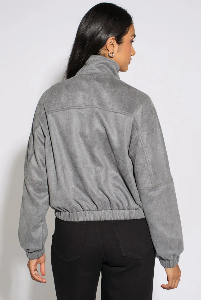 Grey Faux Suede Funnel Neck Bomber Jacket by Gini London sold by Goddiva product image thumbnail 2
