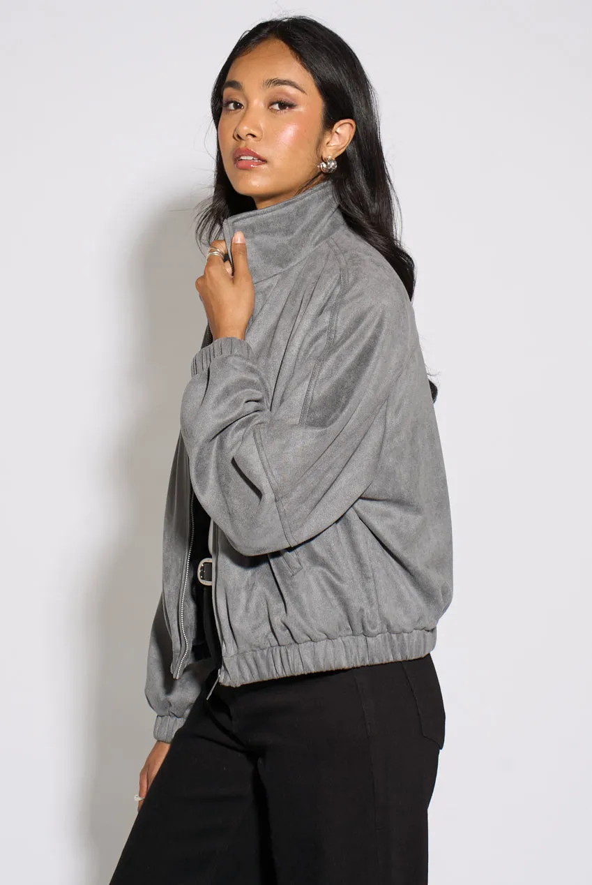 Grey Faux Suede Funnel Neck Bomber Jacket by Gini London sold by Goddiva product image thumbnail 3