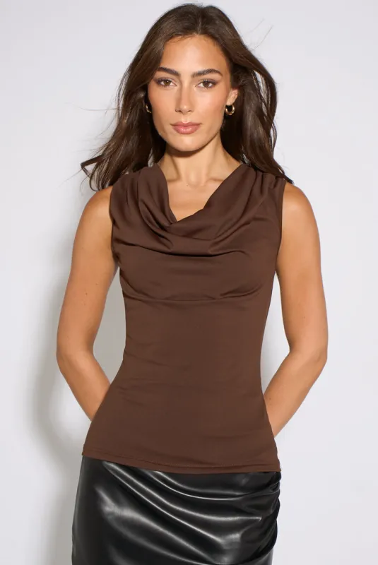 Brown Gold Button Shoulder Cowl Neck Top by Gini London made by Goddiva