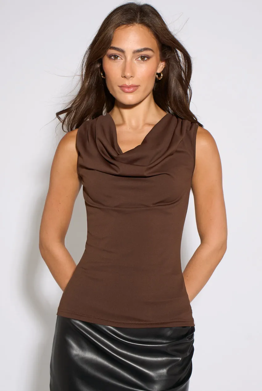 Brown Gold Button Shoulder Cowl Neck Top by Gini London sold by Goddiva