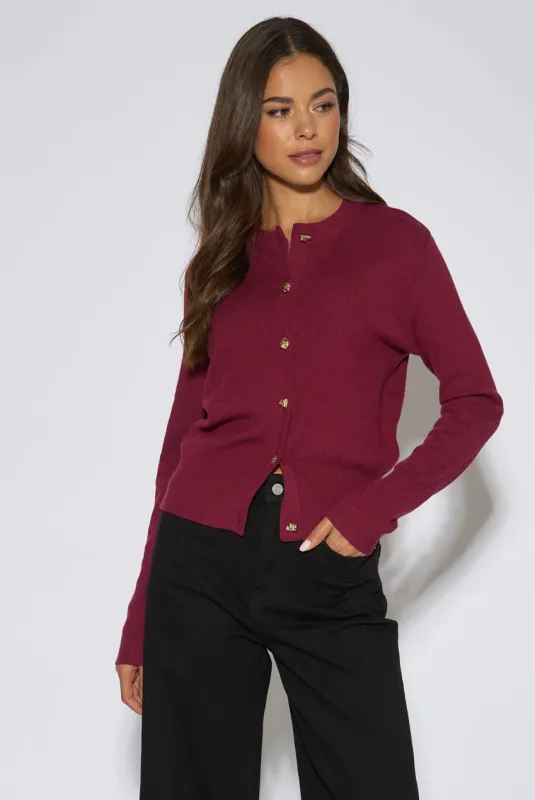 Mulberry Gold Button Fine Knit Cardigan by Gini London made by Goddiva
