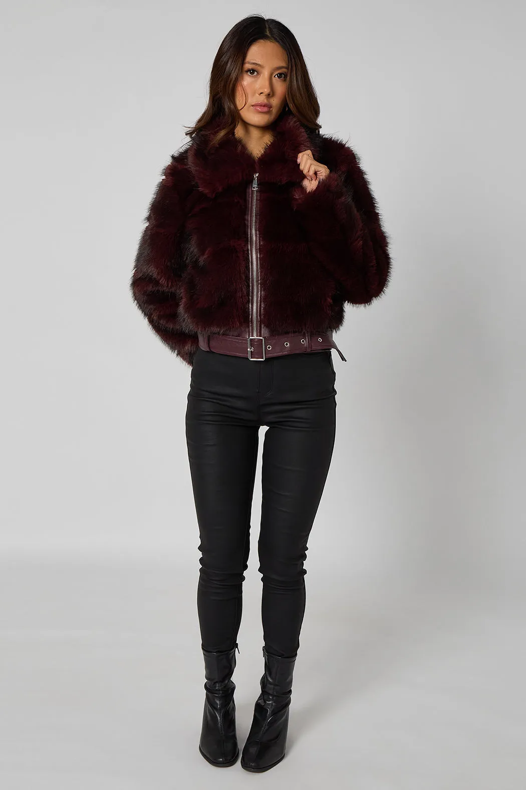 Cut Faux Fur Belted Bomber Jacket by Urban Bliss sold by Goddiva product image thumbnail 3