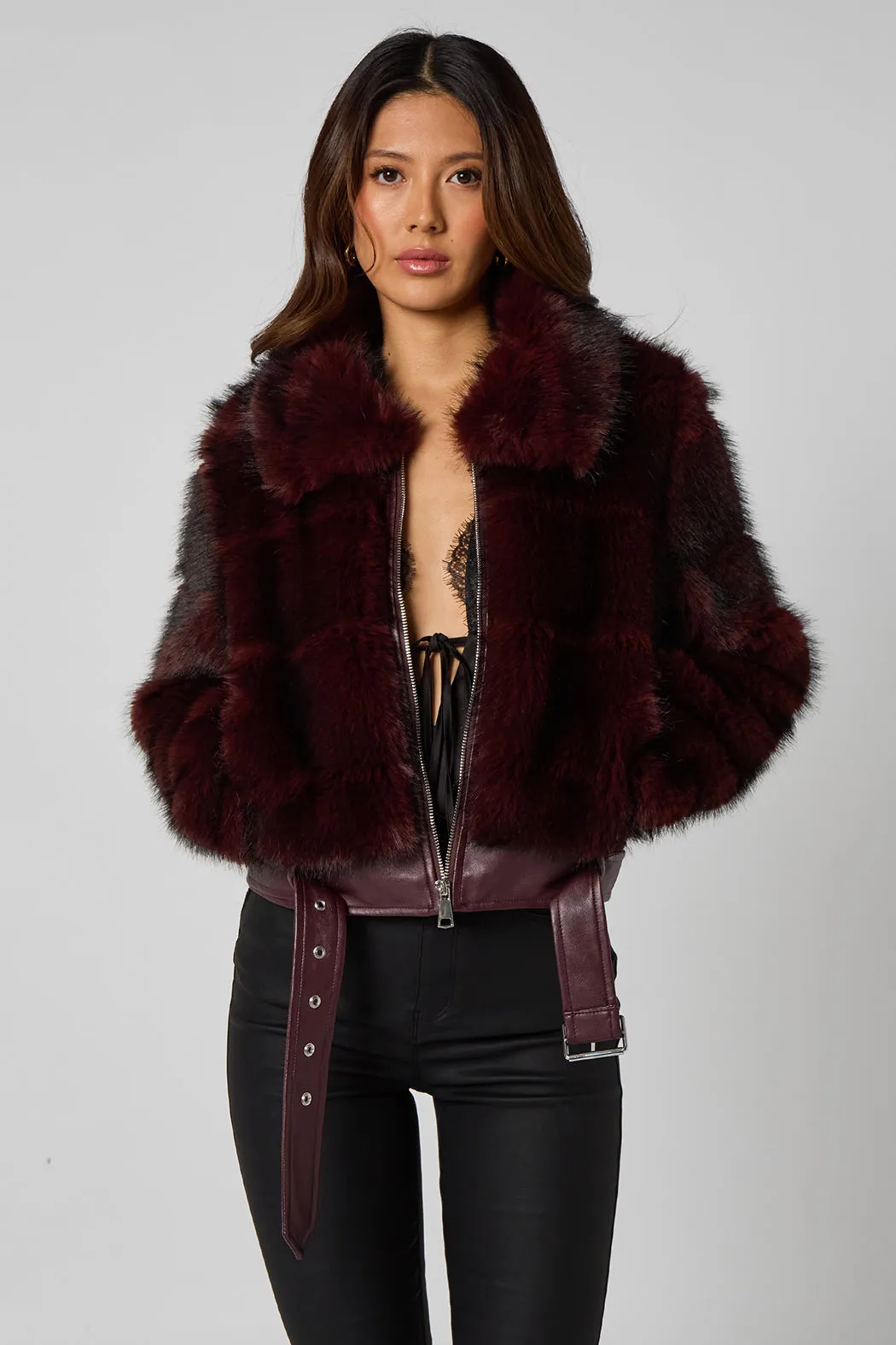 Cut Faux Fur Belted Bomber Jacket by Urban Bliss sold by Goddiva product image thumbnail 4