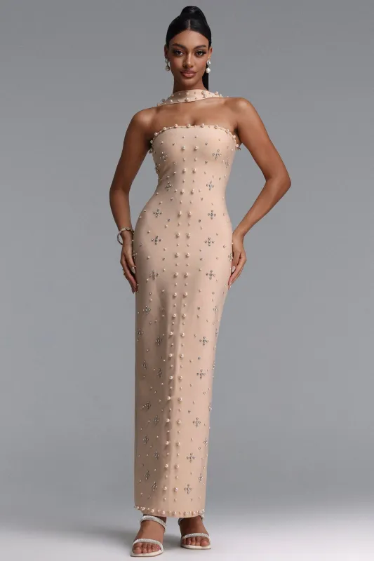 Nesya Sleeveless Pearl Bandage Nude Maxi Dress by Bella Barnett made by Bella Barnett