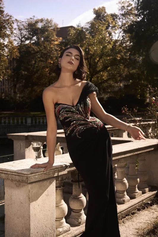 Stolen Strapless Sequin Embroidered Slit Bandage Maxi Dress by Bella Barnett made by Bella Barnett