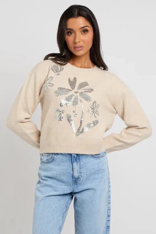 Wool Blend Sequin Floral Jumper by Urban Bliss made by Goddiva