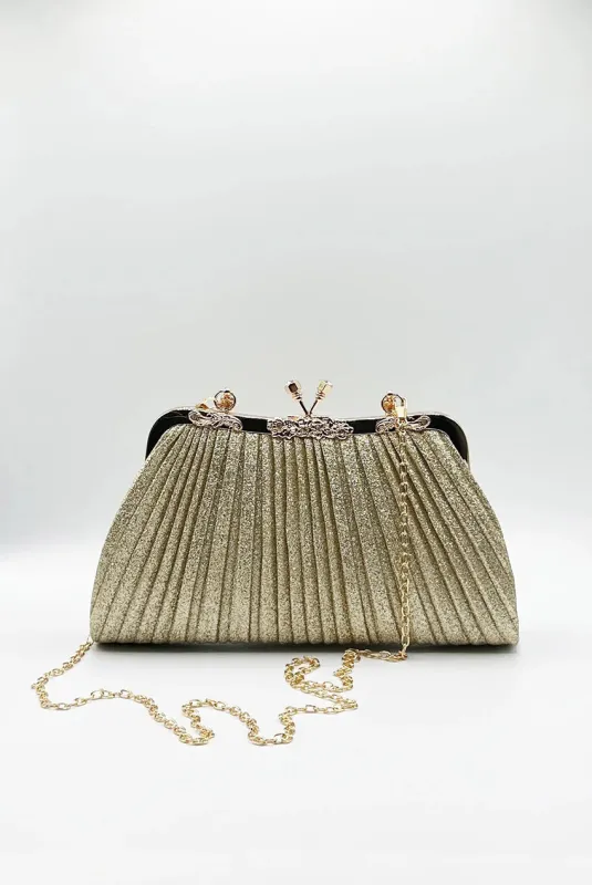 Glitter Metallic Fibre Clutch Bag In Gold by SVNX made by Goddiva