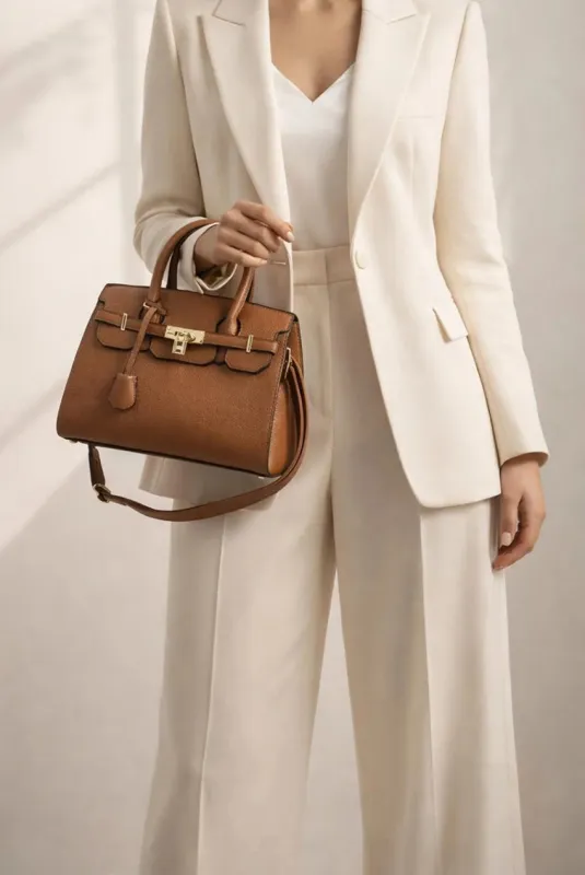 Top Handle Satchel Handbag In Brown by SVNX made by Goddiva