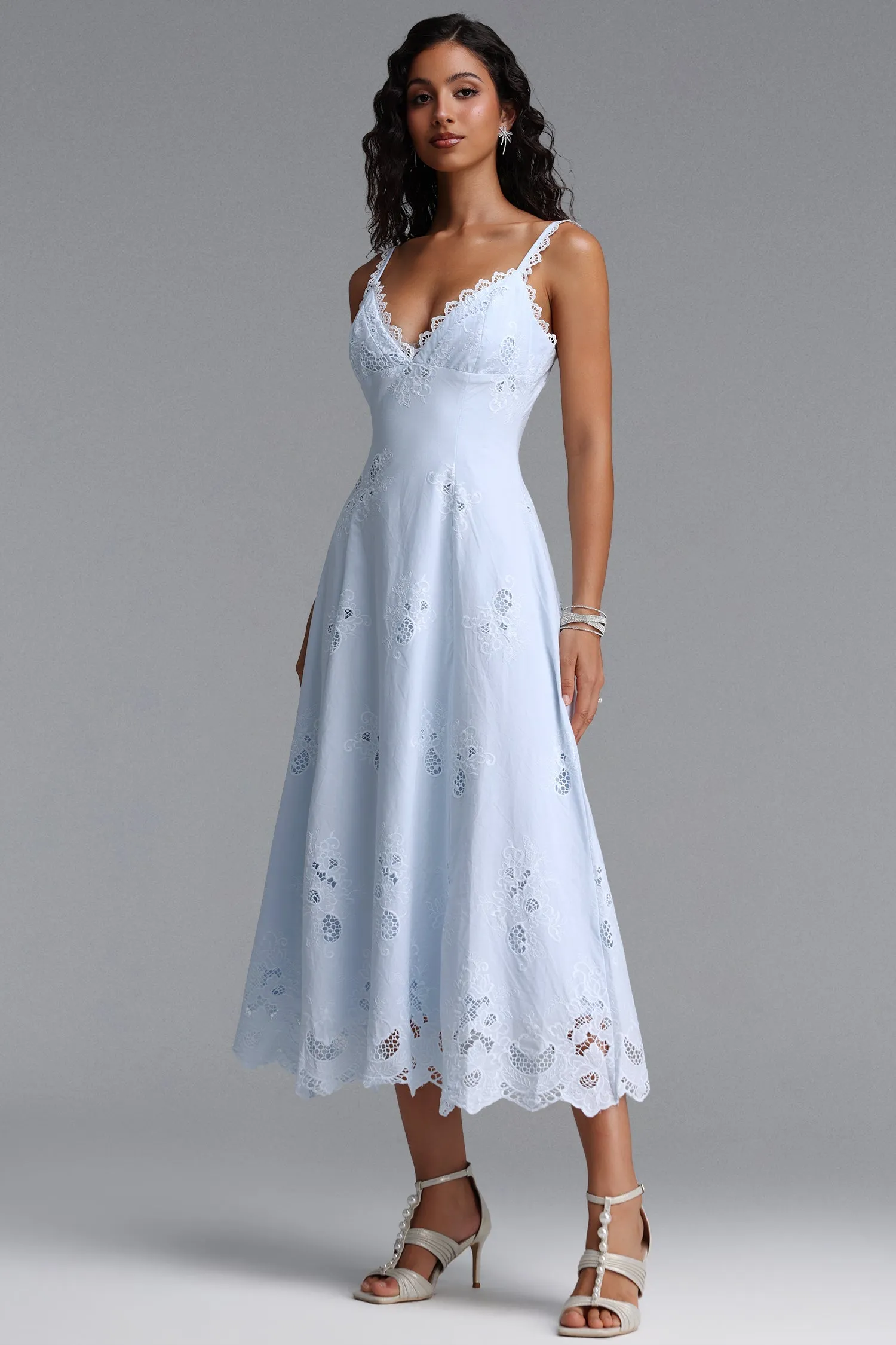 Tatiana Bluebell Cotton Broderie Anglais Midi Sundress by Bella Barnett sold by Goddiva product image thumbnail 3