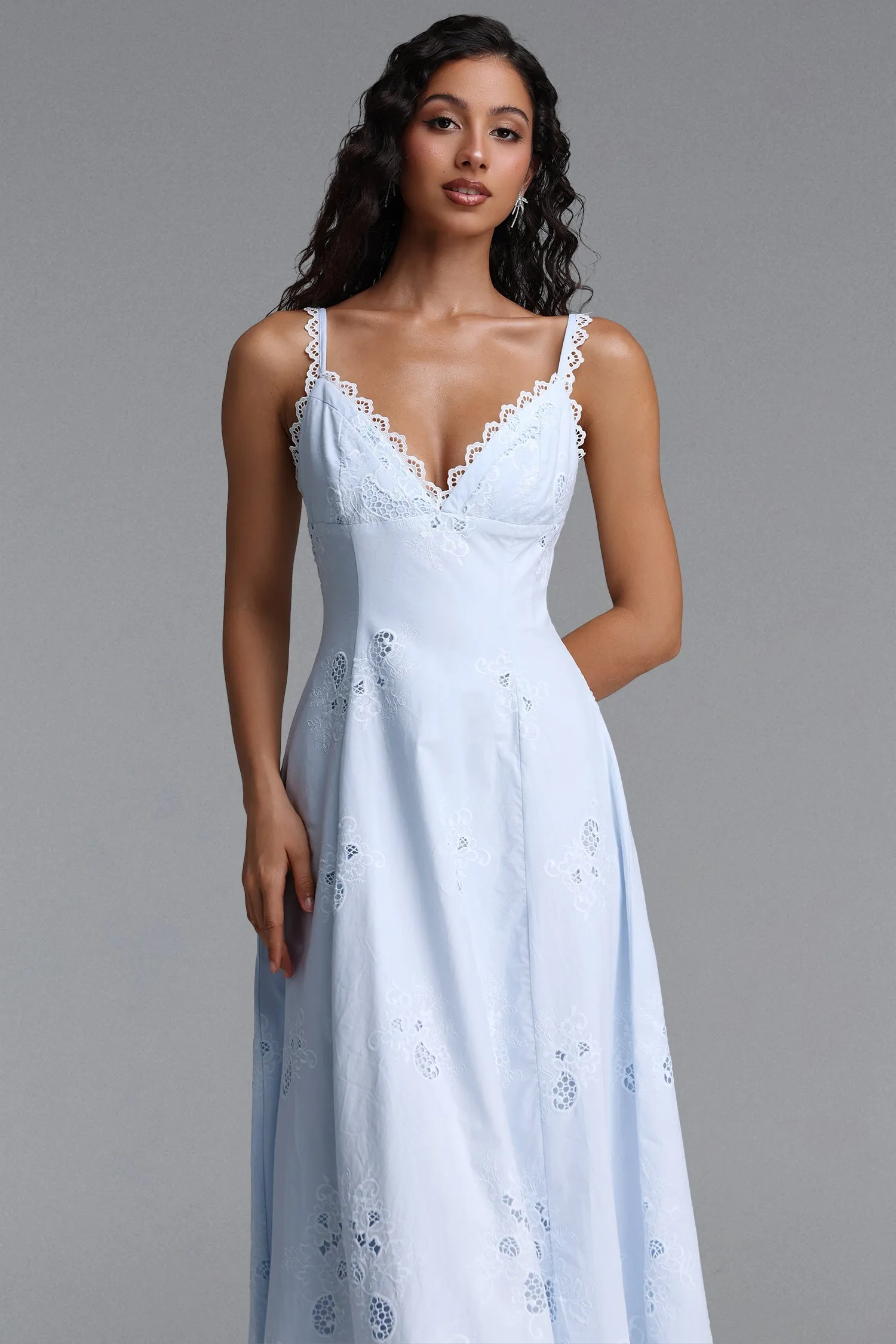 Tatiana Bluebell Cotton Broderie Anglais Midi Sundress by Bella Barnett sold by Goddiva product image thumbnail 4
