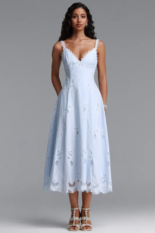 Tatiana Bluebell Cotton Broderie Anglais Midi Sundress by Bella Barnett made by Bella Barnett