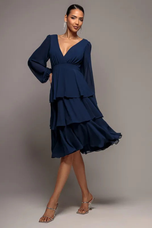 Tiered Chiffon Wrap Midi Dress - Navy Blue by Goddiva made by Goddiva