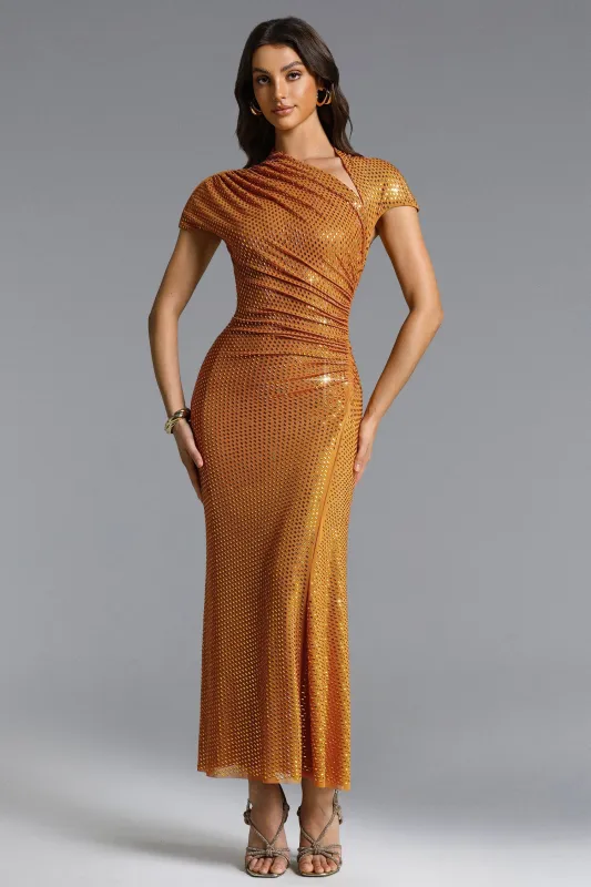 Pora Chic Contour Asymmetric Ruched Crystal Knit Maxi Dress by Bella Barnett made by Bella Barnett