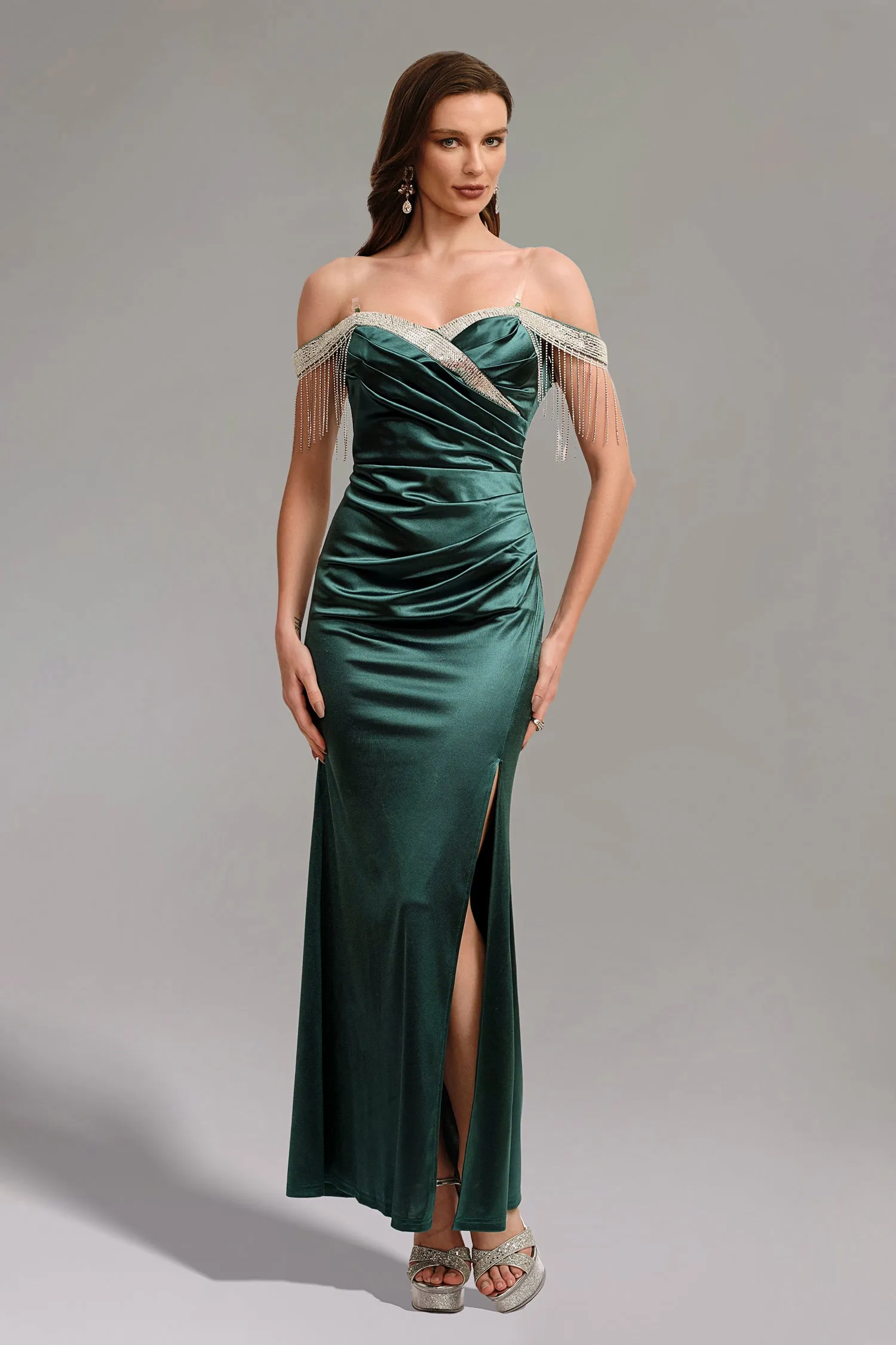 Kimberley Sequins Fringe Slit Maxi Dress - Green by Bella Barnett sold by Goddiva product image thumbnail 3