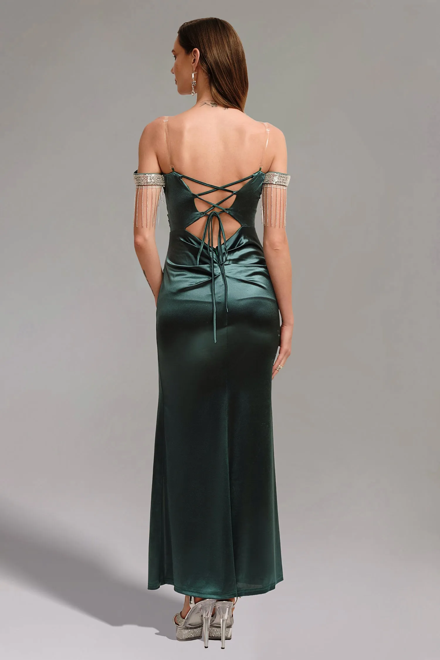 Kimberley Sequins Fringe Slit Maxi Dress - Green by Bella Barnett sold by Goddiva product image thumbnail 4