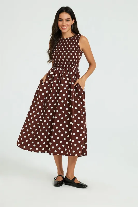 Dot Print Tie Back Sleeveless Shirred Top Midi Dress Brown by FS Collection made by Goddiva