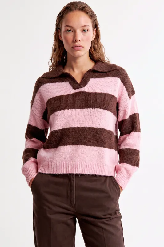 Pink Brown Stripe Collared Knit Jumper by Aftershock London made by Goddiva