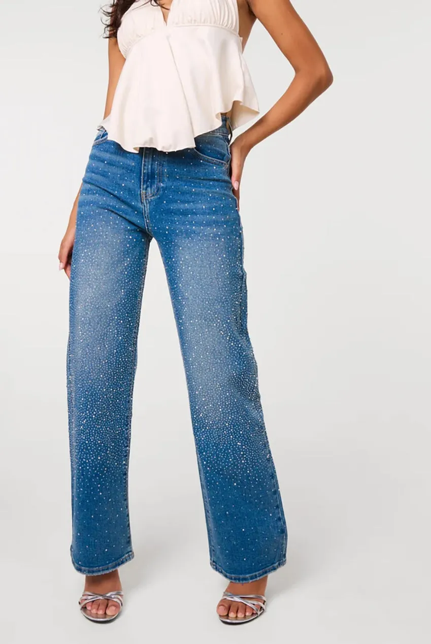 Washed Diamante Scatter Wide Leg Jeans by Pink Vanilla sold by Goddiva product image thumbnail 3