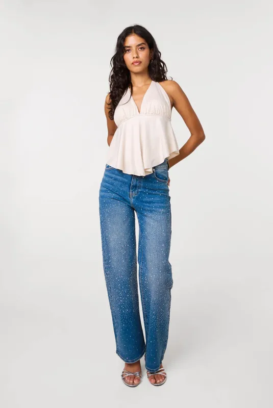 Washed Diamante Scatter Wide Leg Jeans by Pink Vanilla made by PinkVanilla