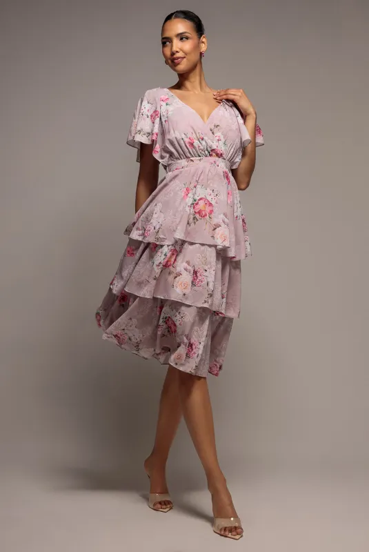 Chiffon Tiered Midi Dress With Elasticated Waist - Blush Pink by Goddiva made by Goddiva