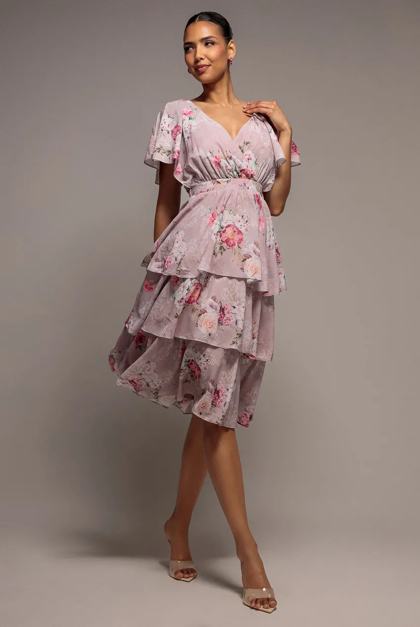 Chiffon Tiered Midi Dress With Elasticated Waist - Blush Pink by Goddiva sold by Goddiva