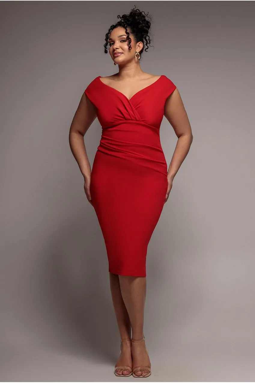 Scuba Bardot Pleated Midi Dress - Red by Goddiva Plus sold by Goddiva