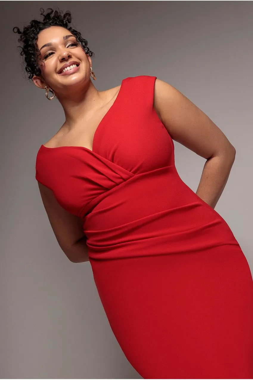 Scuba Bardot Pleated Midi Dress - Red by Goddiva Plus sold by Goddiva product image thumbnail 3