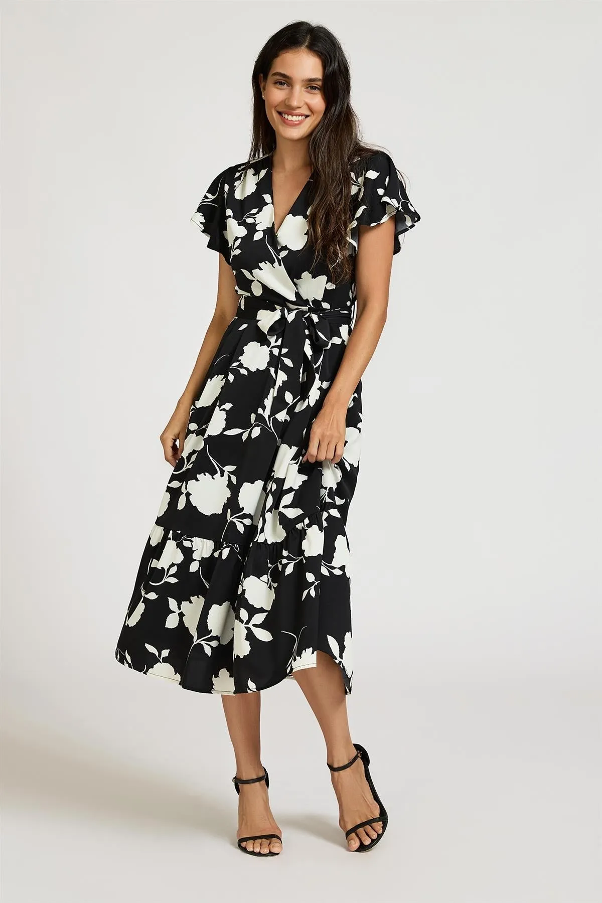 White Floral Print Wrap Top Belted Midi Dress In Black by FS Collection sold by Goddiva product image thumbnail 5