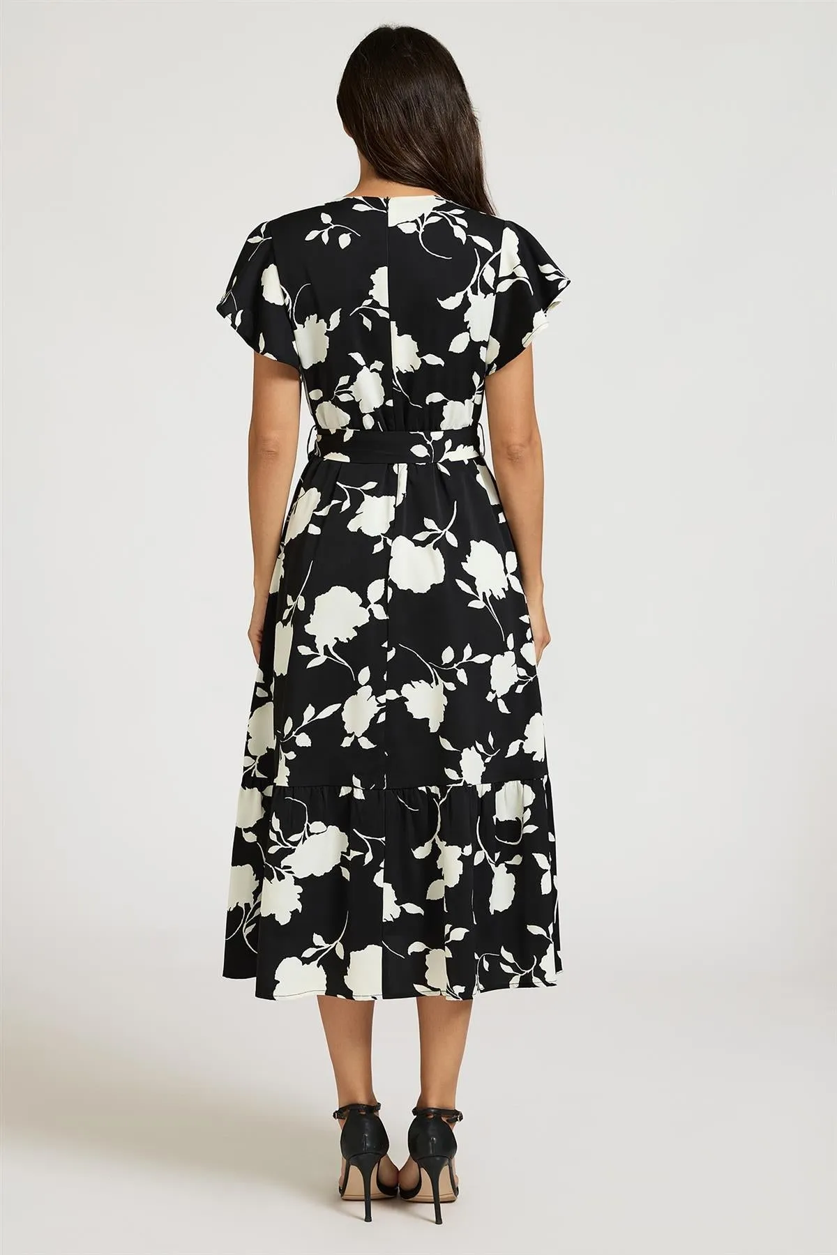 White Floral Print Wrap Top Belted Midi Dress In Black by FS Collection sold by Goddiva product image thumbnail 2