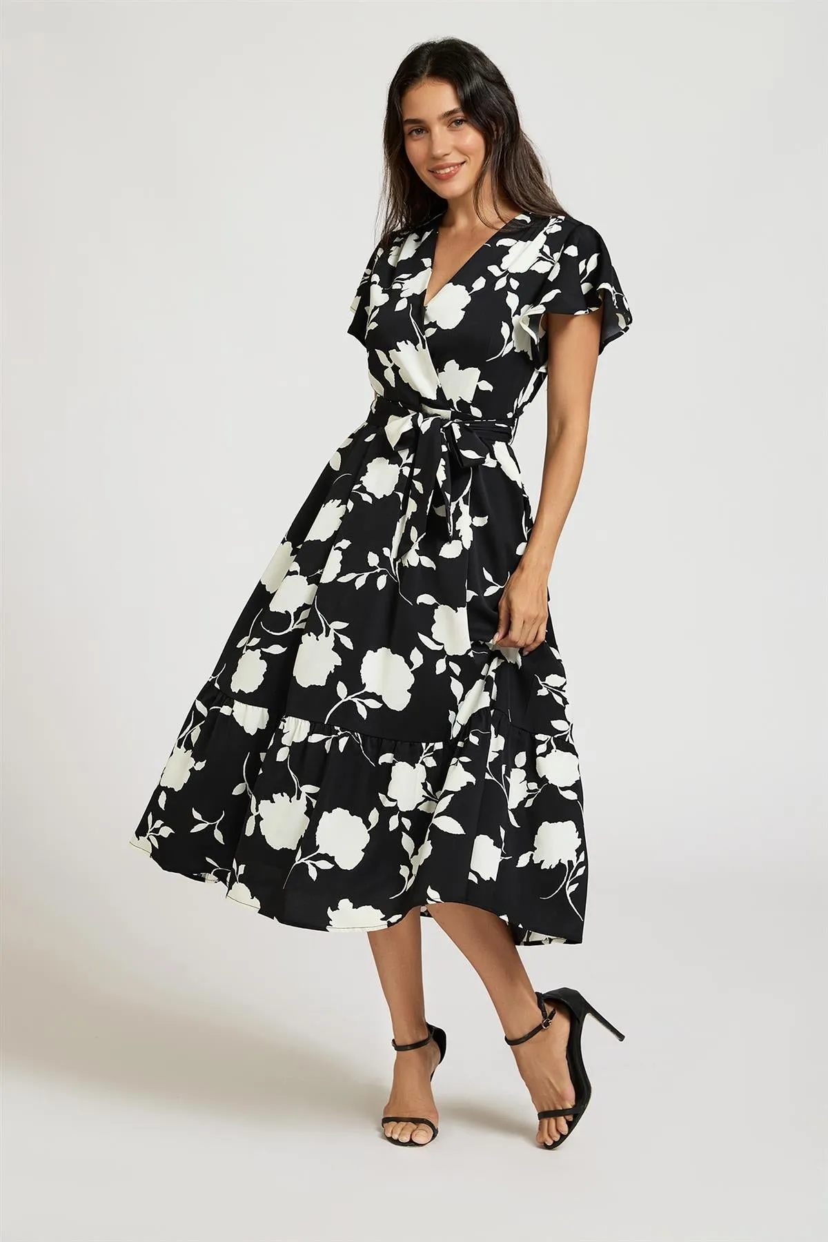 White Floral Print Wrap Top Belted Midi Dress In Black by FS Collection sold by Goddiva product image thumbnail 3
