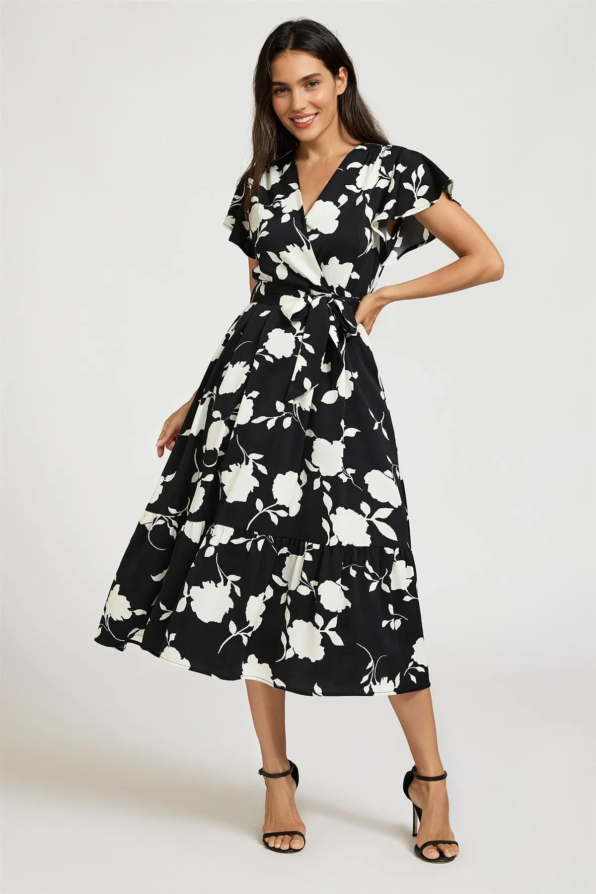White Floral Print Wrap Top Belted Midi Dress In Black by FS Collection sold by Goddiva product image thumbnail 4
