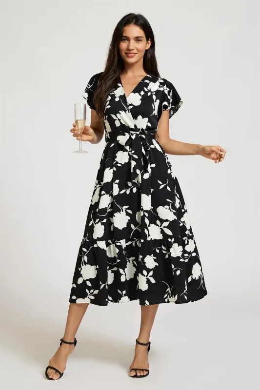 White Floral Print Wrap Top Belted Midi Dress In Black by FS Collection made by Goddiva