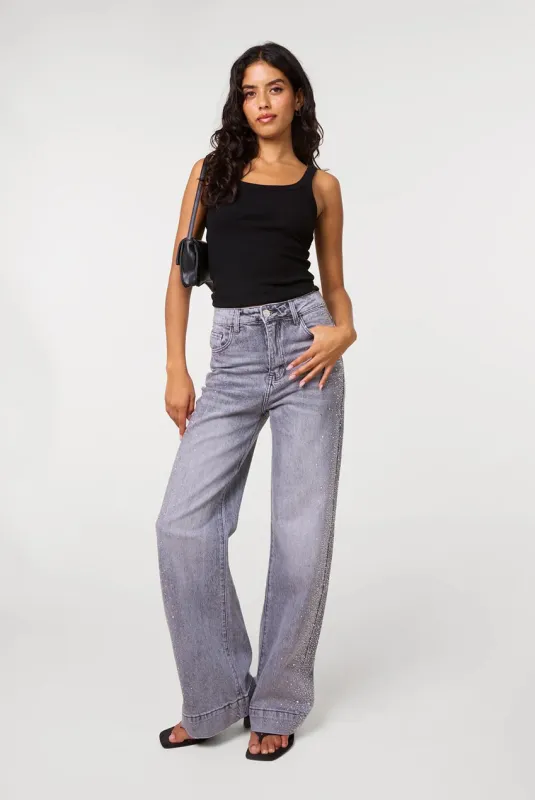 Diamante Side Wide Leg Jeans by Pink Vanilla made by PinkVanilla