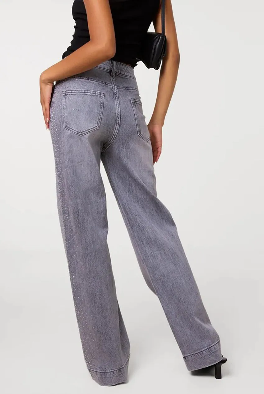 Diamante Side Wide Leg Jeans by Pink Vanilla sold by Goddiva product image thumbnail 2