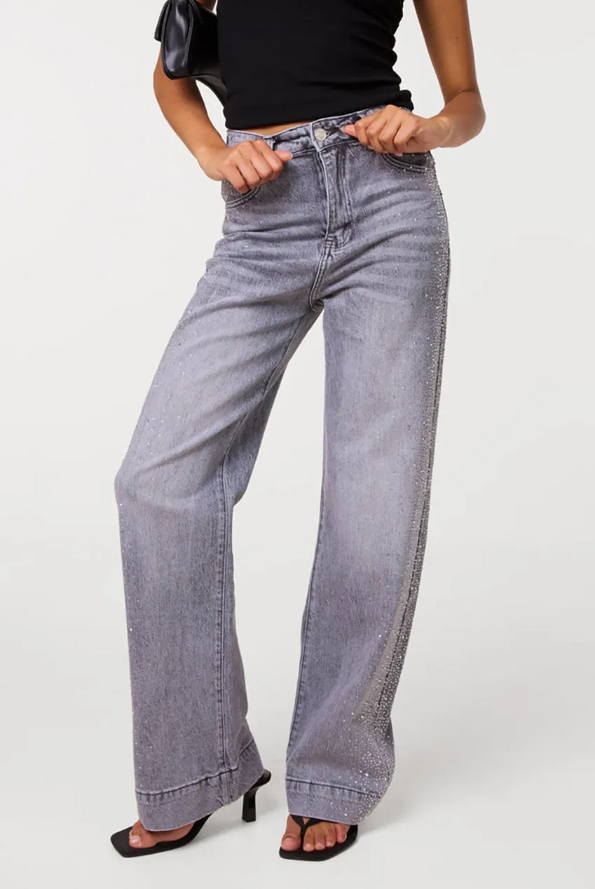 Diamante Side Wide Leg Jeans by Pink Vanilla sold by Goddiva product image thumbnail 3