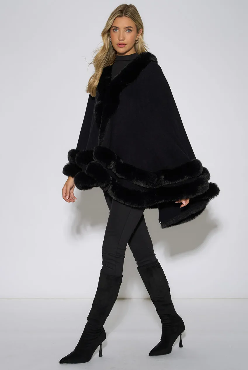 Black Double Layer Fur Trim Cape by Gini London sold by Goddiva product image thumbnail 3